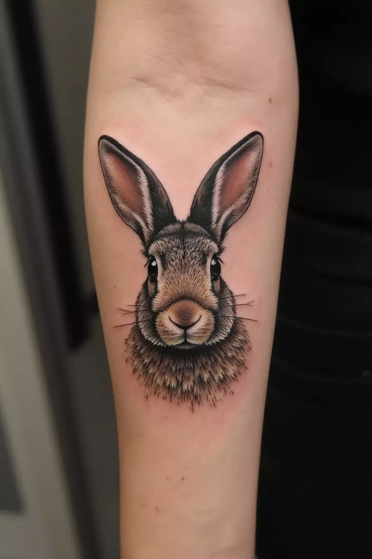 Realistic Bunny Portrait A close up shot of woman's arm with a black ink realistic bunny portrait tattoo