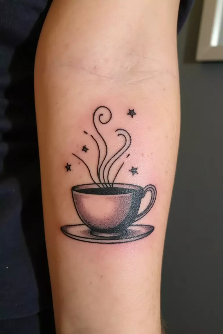 Magical Teacup Tattoo A close up shot of woman's arm with a black ink tattoo of a teacup with swirling steam and stars.