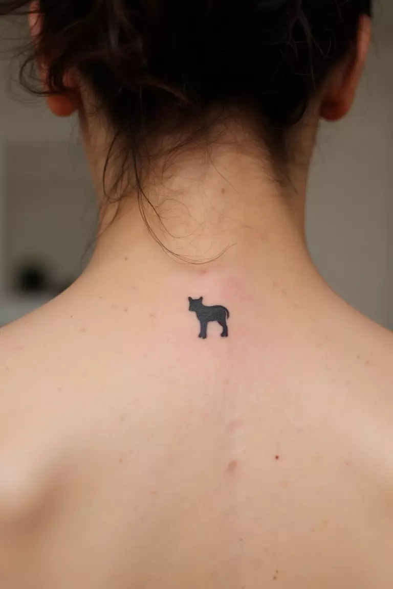 Tiny Minimalist Animal Silhouette Tattoo A close up shot of woman's neck from the back with a black ink tiny minimalist animal silhouette tattoo