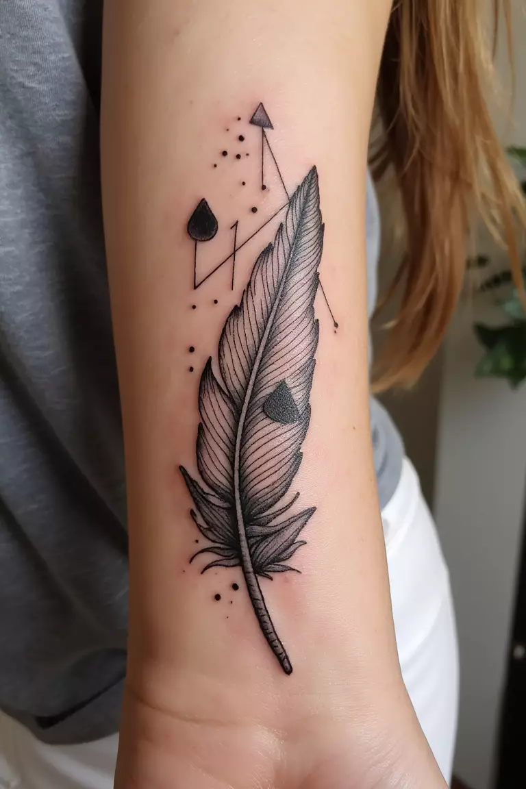 Feather With Geometric Shapes A close up shot of woman's arm with a black ink feather with geometric shapes tattoo, incorporating triangles and lines