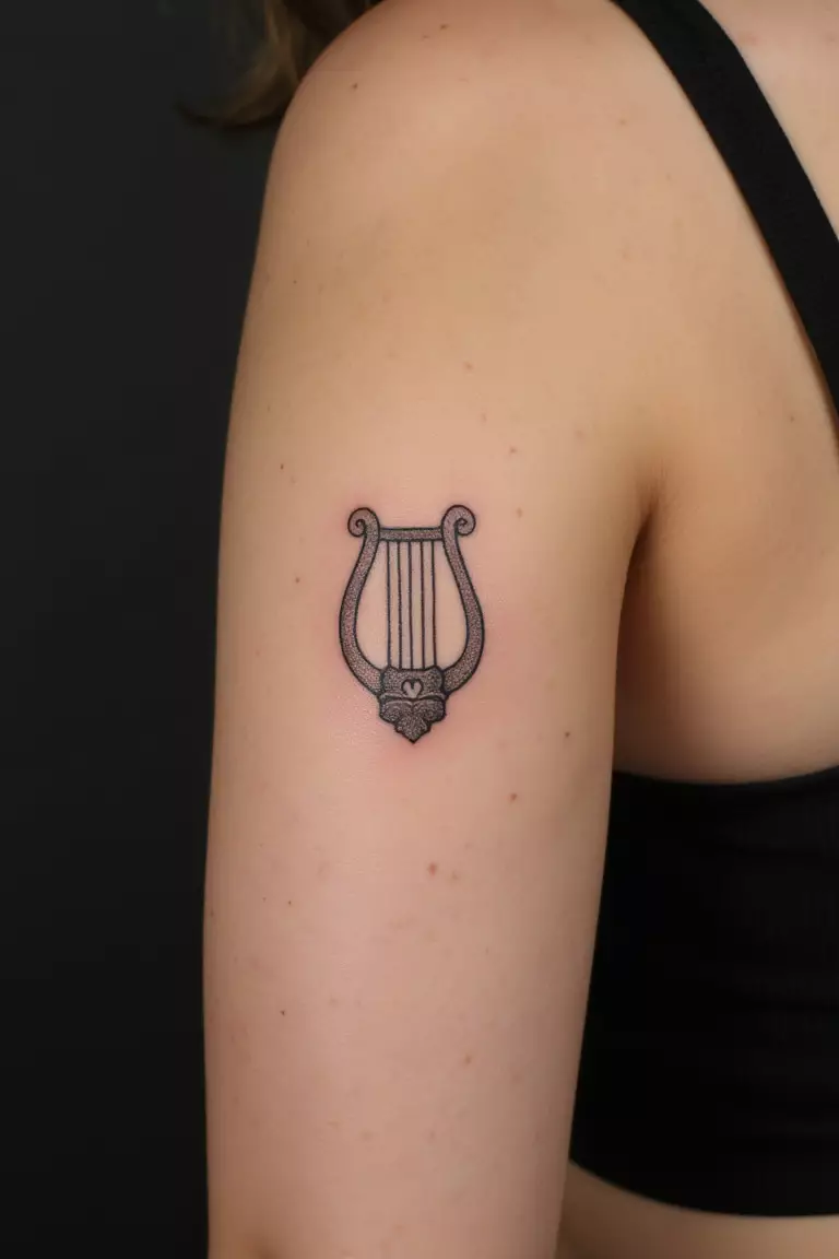 Greek Lyre A close up shot of woman's arm with a black ink tattoo showing a minimalist lyre inspired by Apollo's musical instrument.