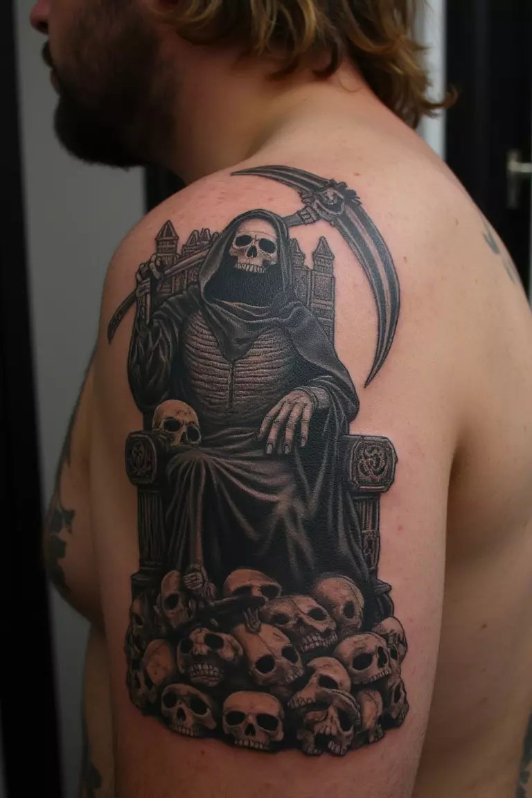 Grim Reaper Sitting on a Throne of Skulls A close up shot of man's shoulder with a black ink grim reaper sitting on a throne of skulls tattoo