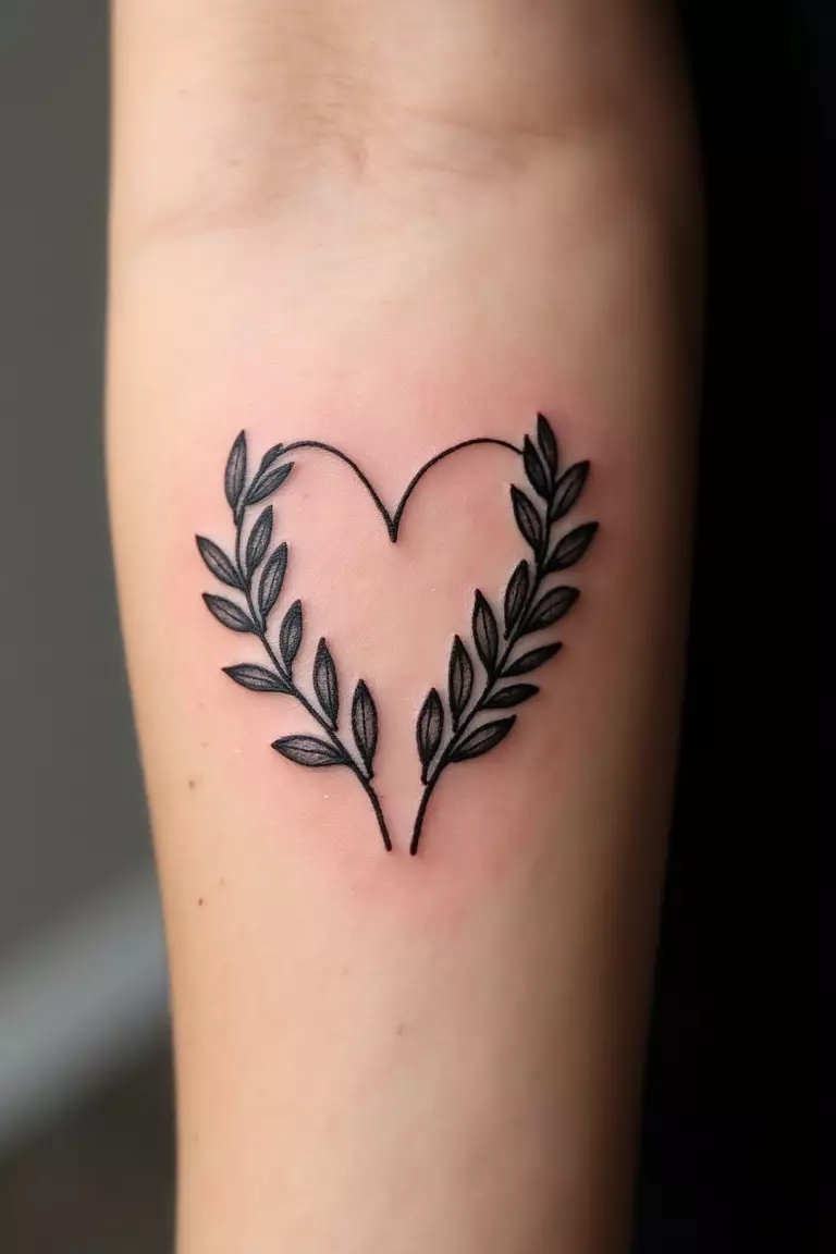 Olive Branch Inside A Heart Shape A close up shot of woman's arm with a black ink olive branch inside a heart shape tattoo