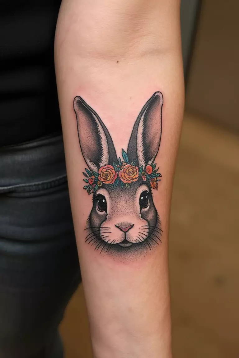 Bunny With Floral Crown A close up shot of woman's arm with a black ink bunny with floral crown tattoo