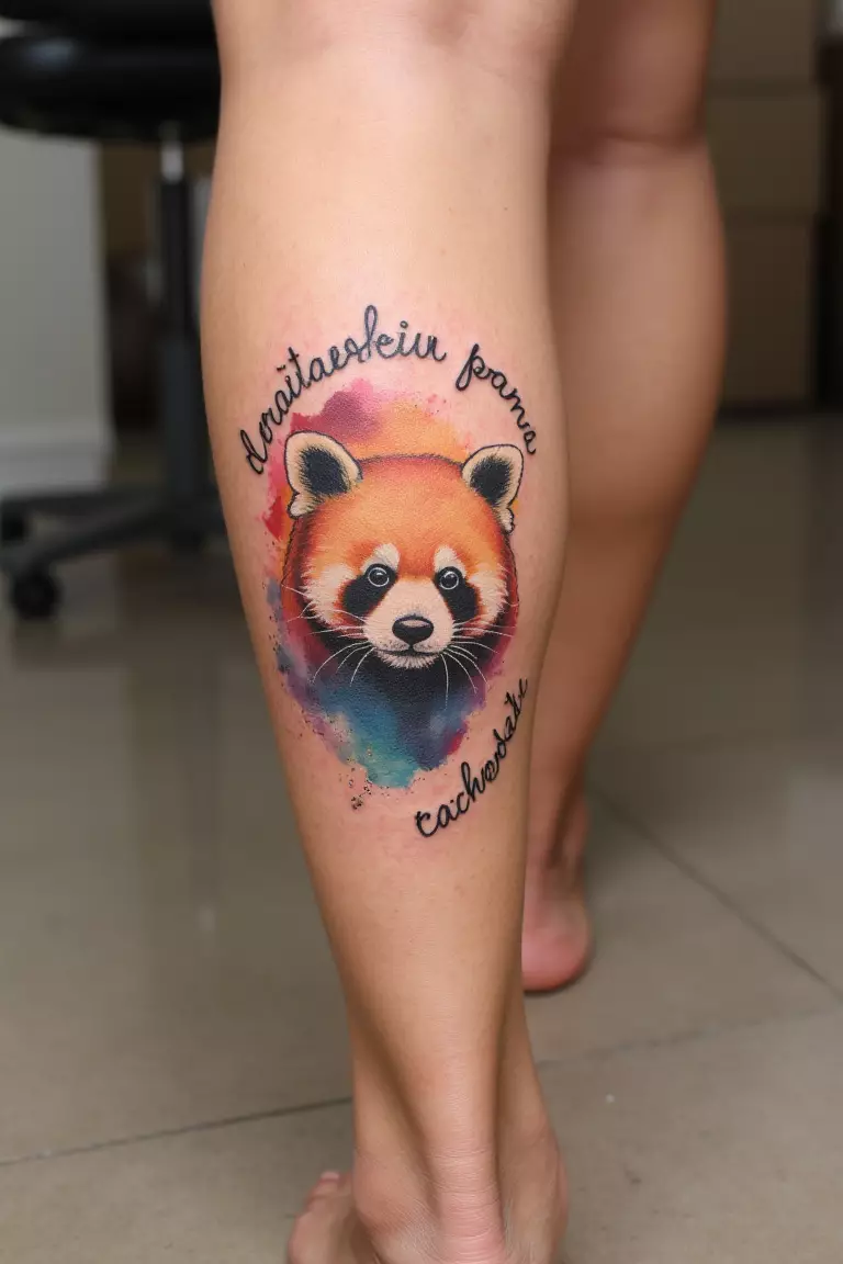 Watercolor Panda With Script Calf Tattoo A close up shot of woman with a watercolor panda with script calf tattoo.