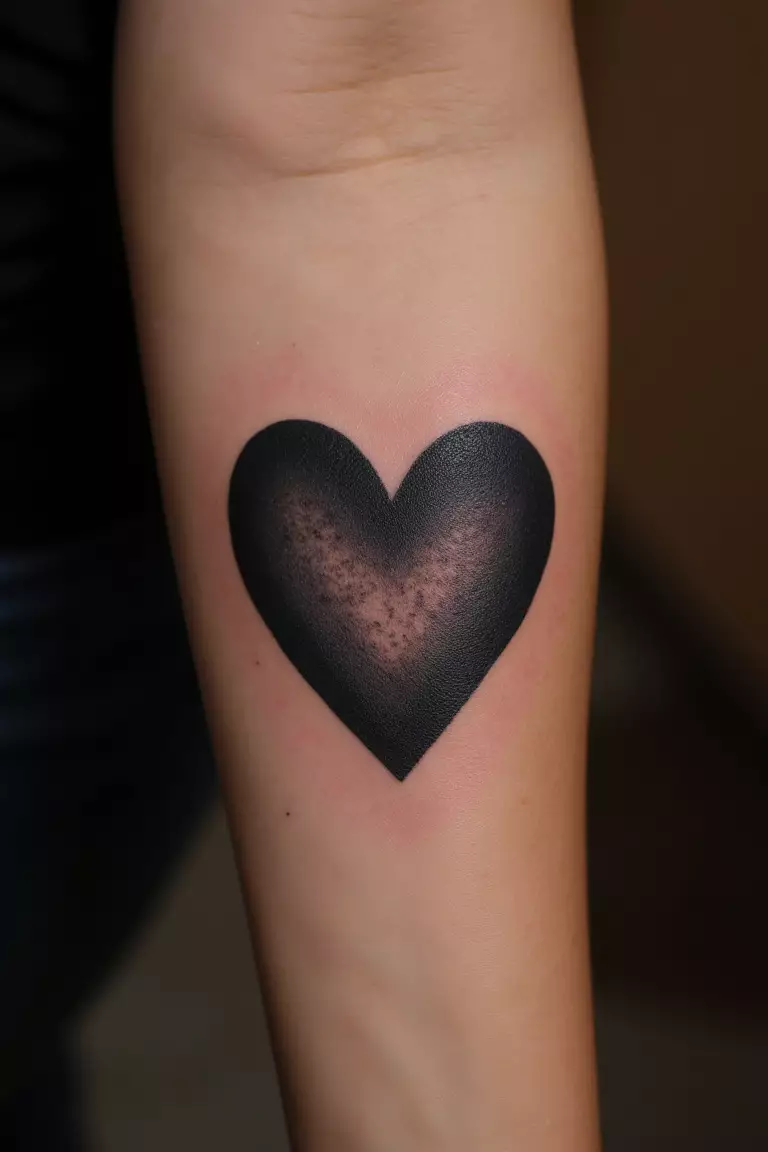 Shaded Heart Tattoo A close up shot of woman's arm with a black ink shaded heart tattoo, gradient effect with dark edges