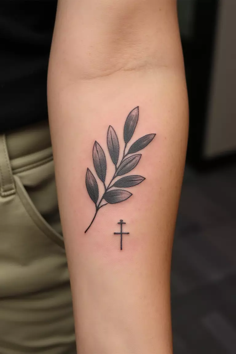 Olive Branch With A Small Cross Or Symbol A close up shot of woman's arm with a black ink olive branch with a small cross or symbol tattoo