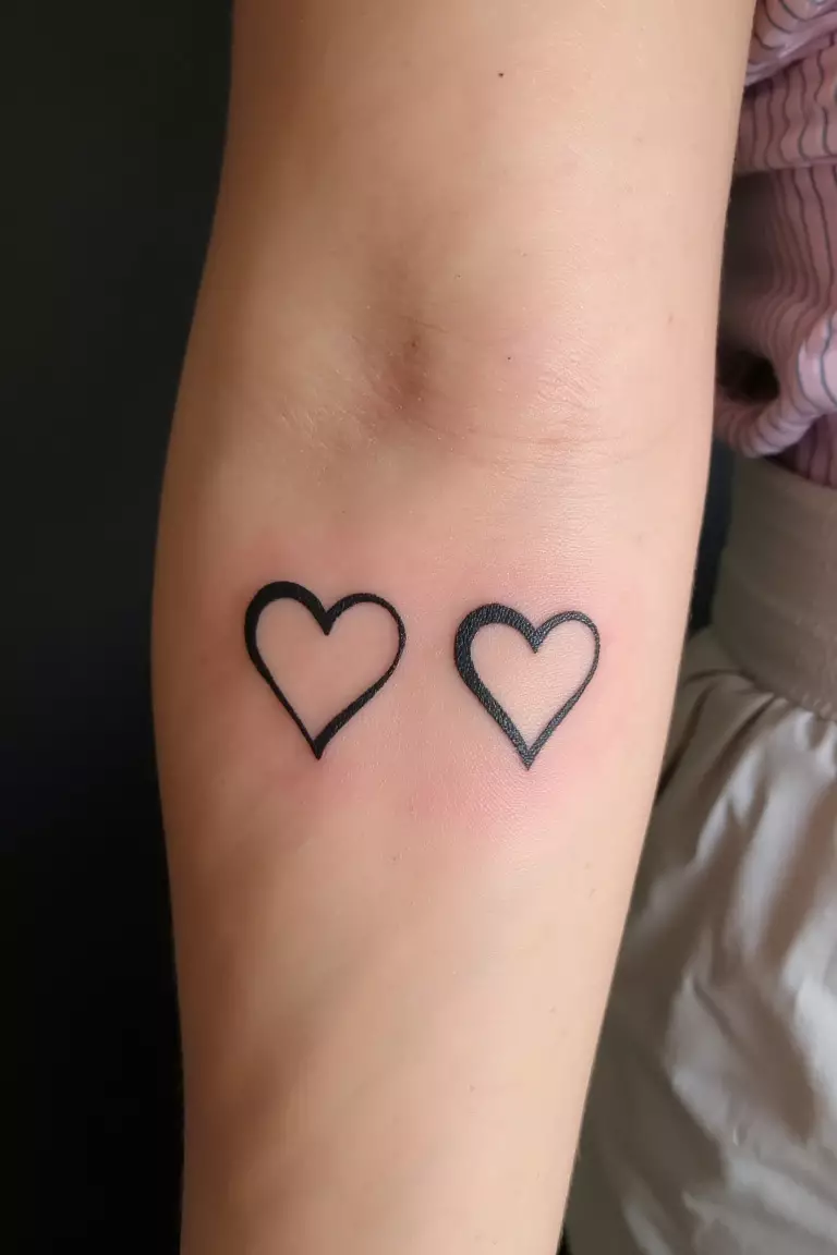 Matching Hearts Tattoo A close up shot of woman's arm with a black ink matching hearts tattoo, side by side