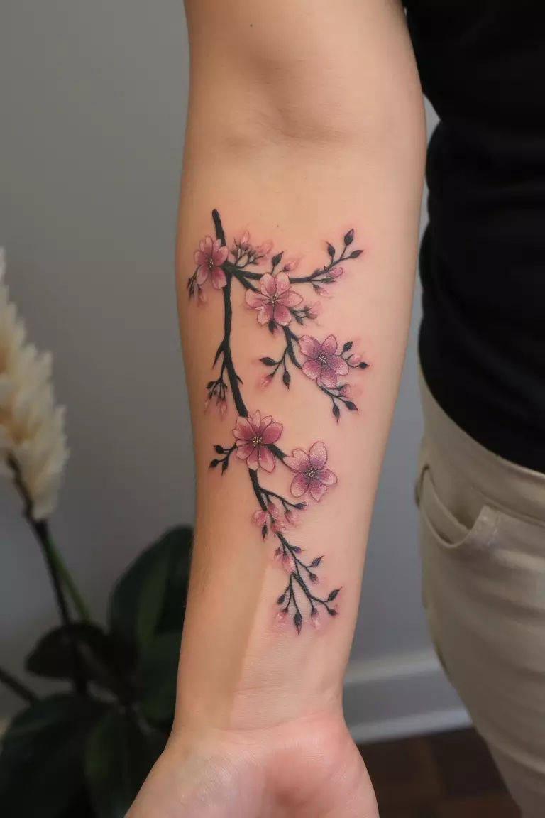 Cherry Blossom Petals Falling A close up shot of woman's arm with a black ink cherry blossom petals falling gently tattoo