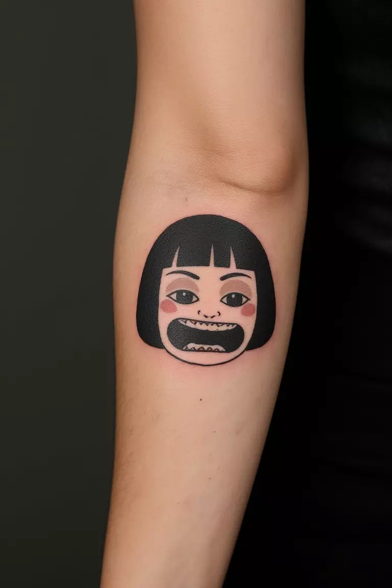 Minimalist Daruma Doll Face A close up shot of woman's arm with a black ink minimalist Daruma doll face tattoo