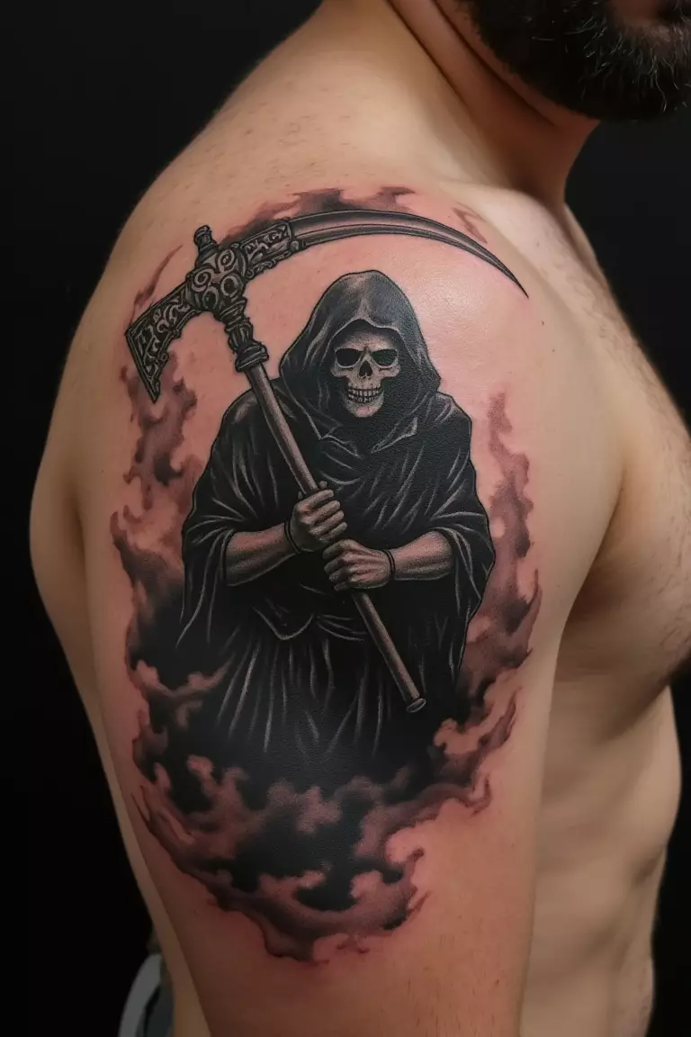 Grim Reaper Surrounded by Smoke or Mist A close up shot of man's shoulder with a black ink grim reaper surrounded by smoke or mist tattoo