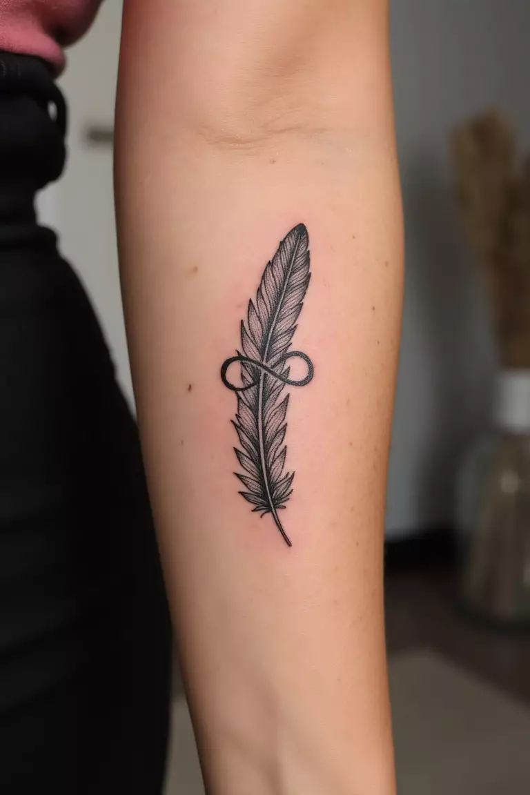 Infinity Feather Tattoo A close up shot of woman's arm with a black ink infinity feather tattoo, feather morphing into infinity symbol