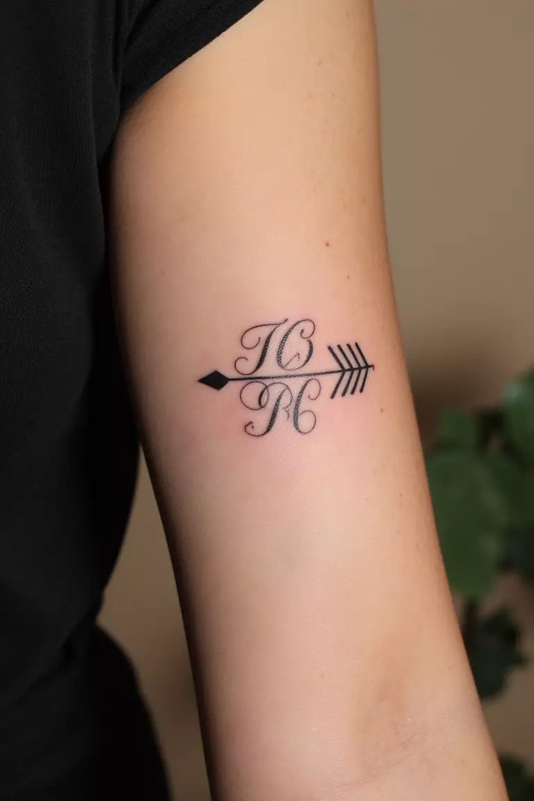 Arrow with Initials Tattoo A close up shot of woman's arm with a black ink arrow with initials tattoo, personalized with elegant lettering
