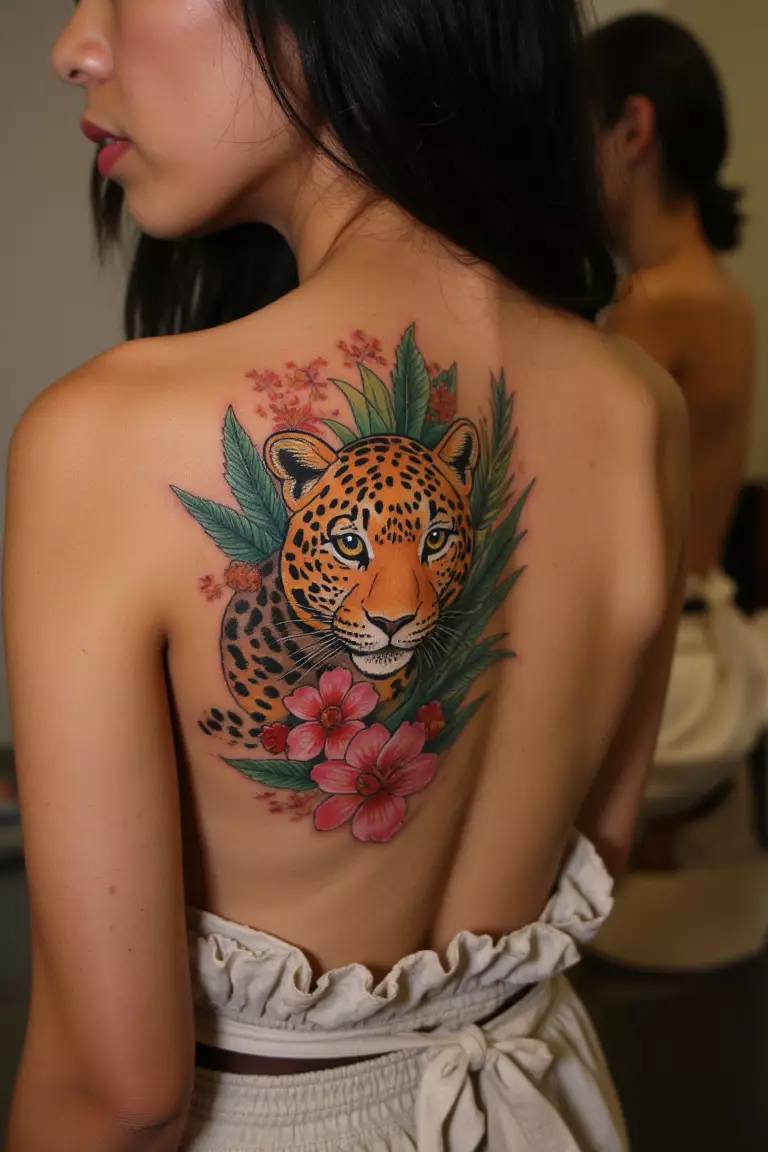 Leopard Surrounded by Tropical Flowers and Leaves A photo of a woman showing her colorful leopard tattoo surrounded by tropical flowers and leaves on her upper back