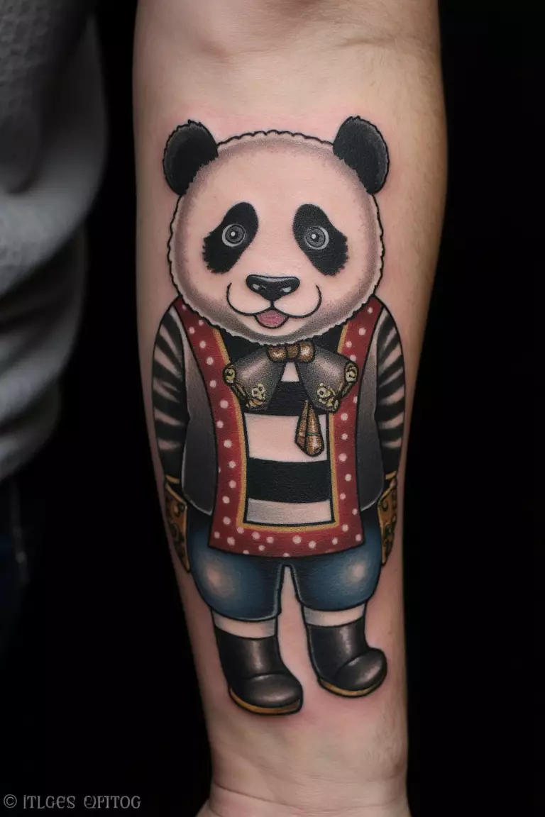 Blackwork Fancy Dressed Panda Tattoo on Outer Forearm A close up shot of man with a blackwork fancy dressed panda tattoo on his outer forearm.