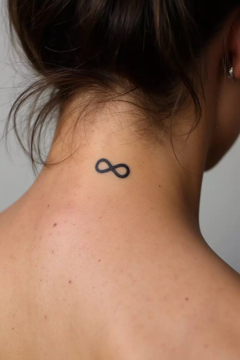 Tiny Infinity Symbol Tattoo A close up shot of woman's neck from the back with a black ink tiny infinity symbol tattoo