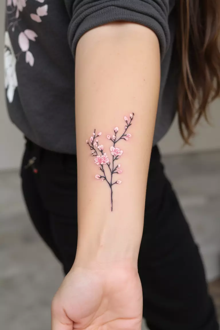 Minimalist Cherry Blossom Branch A close up shot of woman's arm with a black ink minimalist cherry blossom branch tattoo
