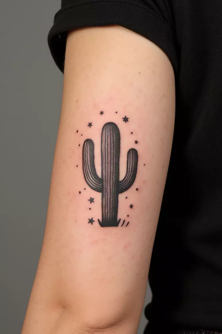 Cactus Surrounded by Small Stars and Dots A close up shot of a woman showing her black ink cactus tattoo surrounded by small stars and dots on her arm