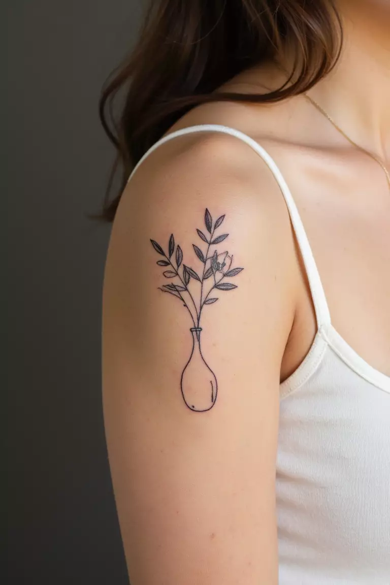 Olive Branch In A Minimalist Vase A close up shot of woman's arm with a black ink olive branch in a minimalist vase tattoo