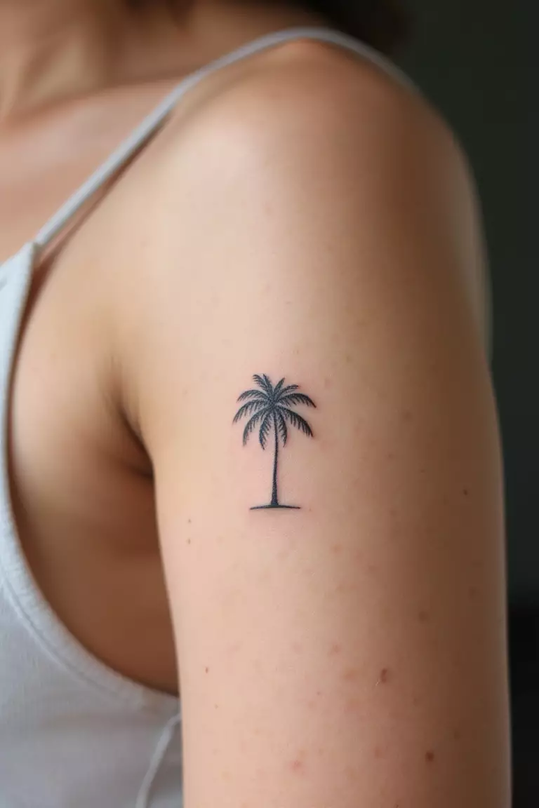 Tiny Detail A close up shot of woman's arm with a black ink tattoo of a tiny, minimalistic palm tree design, subtle celebration of the sea.