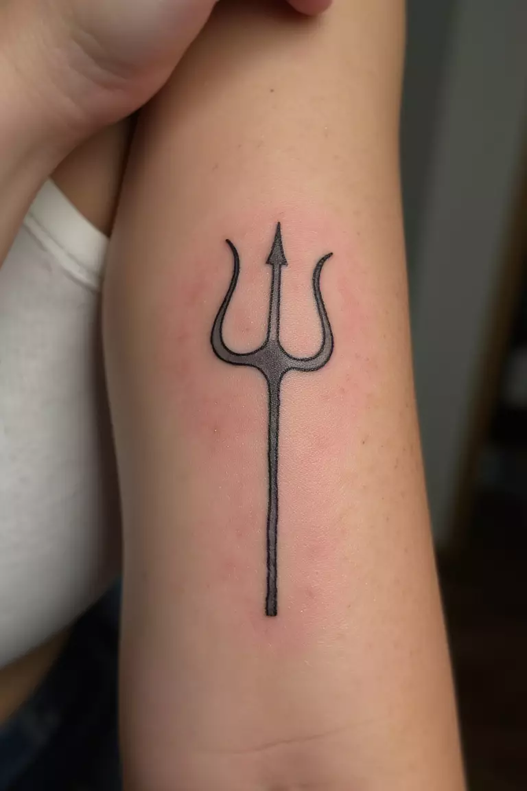 Trident Outline A close up shot of woman's arm with a black ink tattoo of a simple outline of Poseidon's trident.