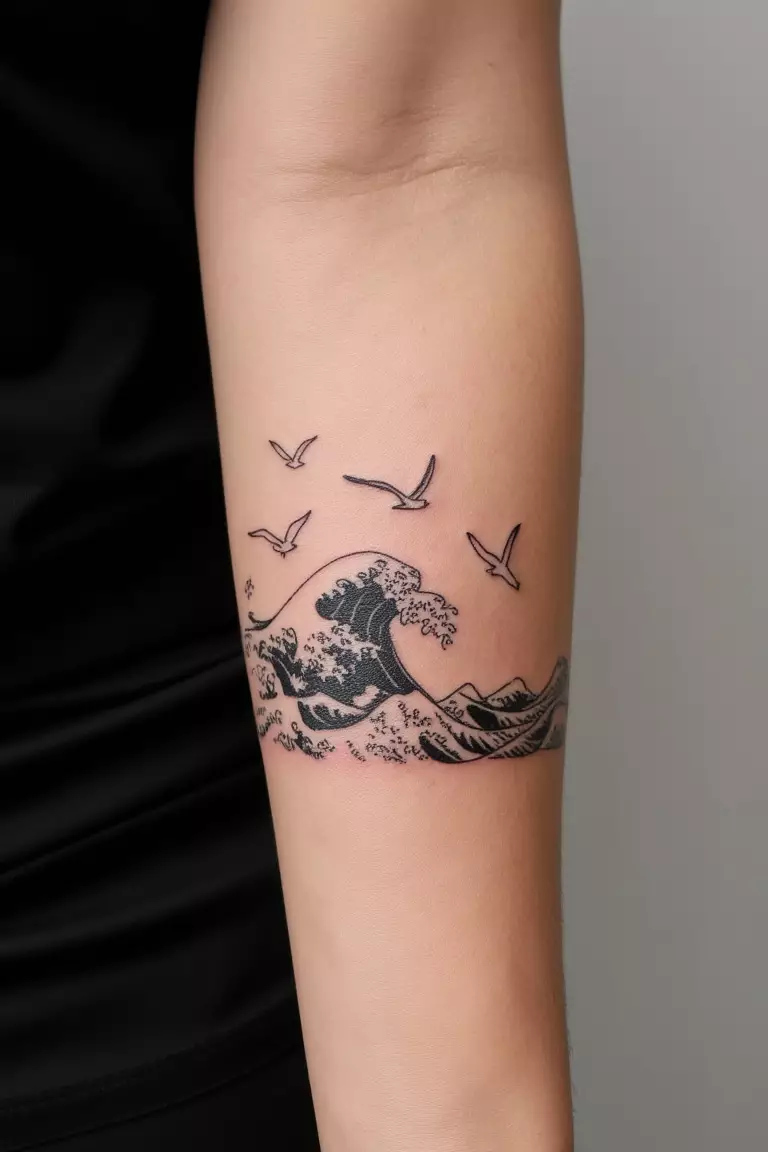 Japanese Wave Pattern With Seagulls A close up shot of woman's arm with a black ink simple Japanese wave pattern with a few seagulls tattoo