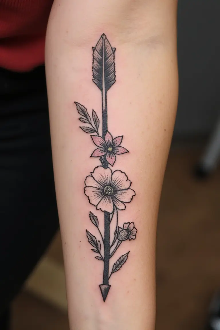 Arrow with Flowers Tattoo