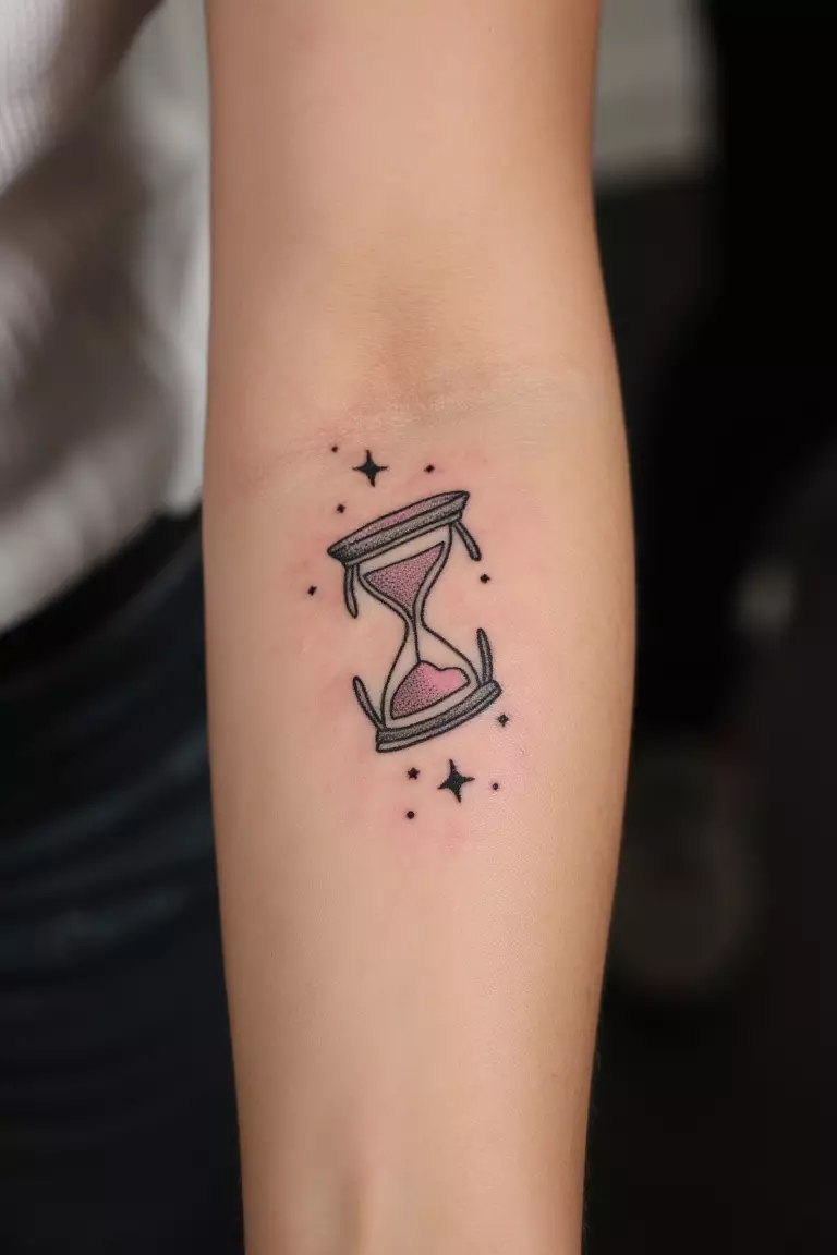 Cosmic Hourglass Tattoo A close up shot of woman's arm with a black ink tattoo of an hourglass with stars.