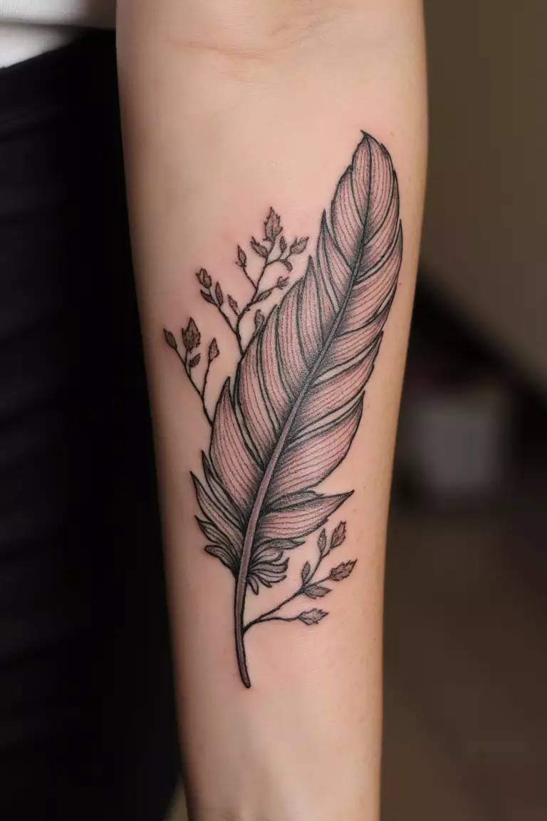 Feather And Leaves Combination A close up shot of woman's arm with a black ink feather and leaves combination tattoo, botanical elements intertwining
