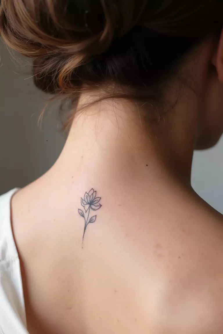 Tiny Flower Outline Tattoo A close up shot of woman's neck from the back with a black ink tiny flower outline tattoo