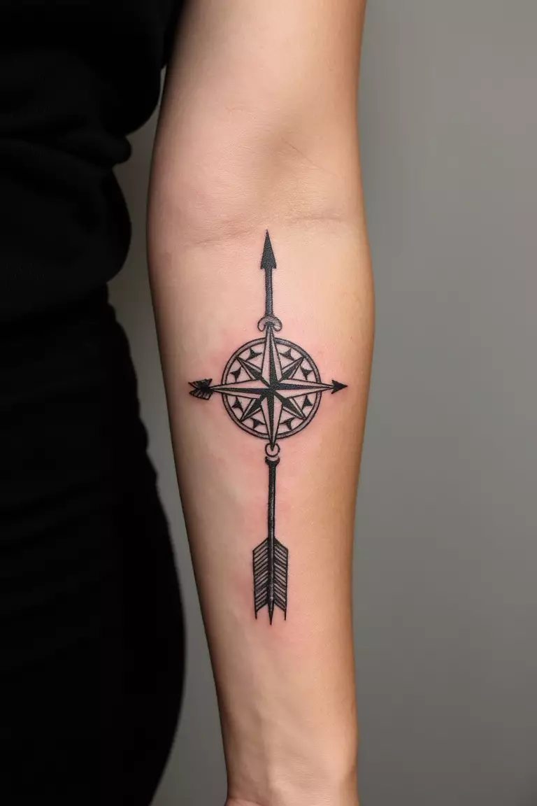 Arrow and Compass Tattoo A close up shot of woman's arm with a black ink arrow and compass tattoo, arrow integrated with a compass rose design