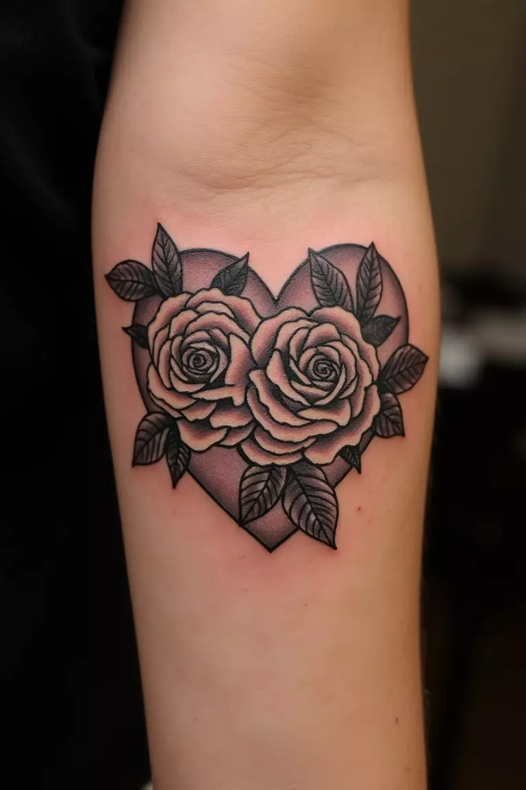 Heart with Flowers Tattoo A close up shot of woman's arm with a black ink heart with flowers tattoo, roses intertwined with heart shape