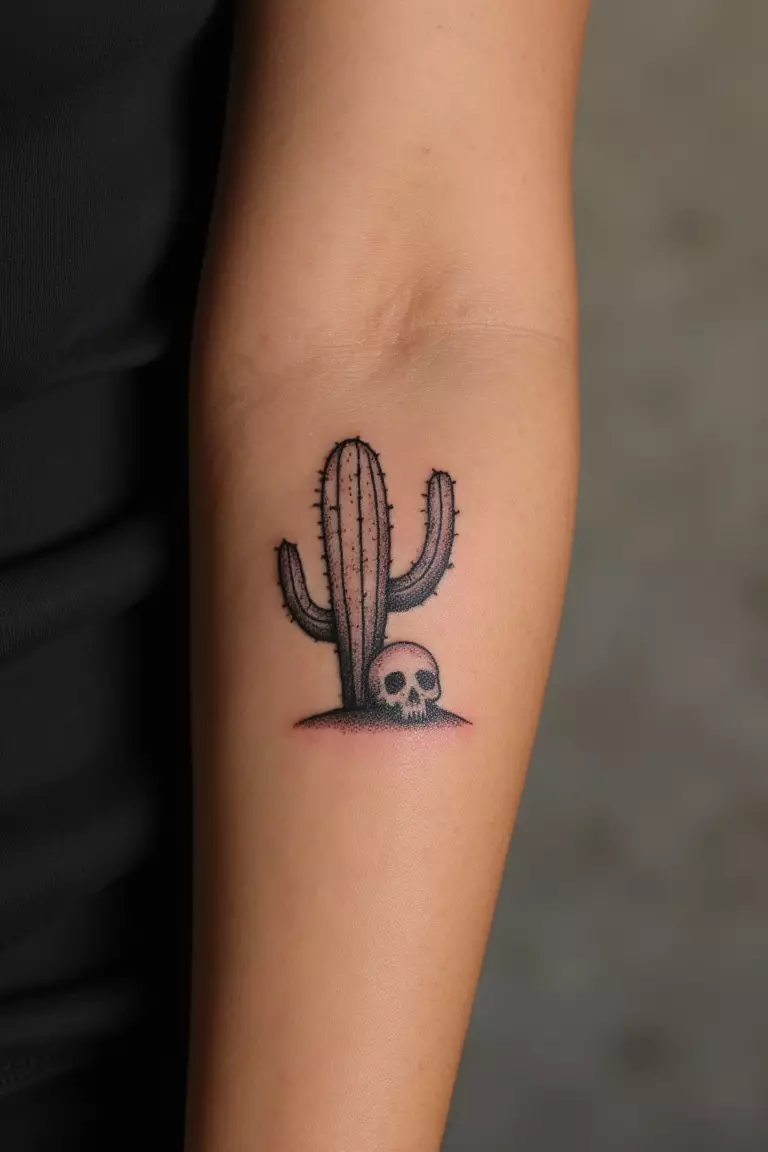 Cactus Paired With a Small Skull for a Desert Vibe A close up shot of a woman showing her black ink cactus paired with a small skull tattoo for a desert vibe on her arm