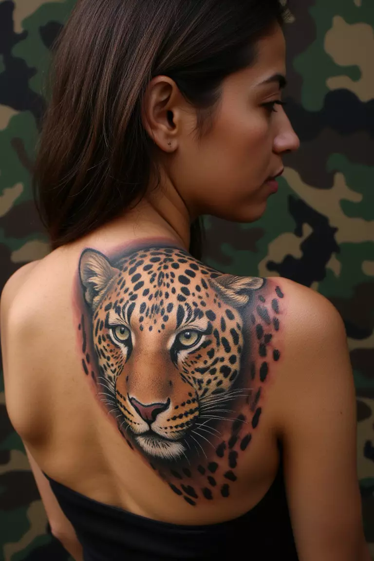 Leopard Blending into a Camouflage Background A photo of a woman showing her leopard blending into a camouflage background tattoo on her shoulder