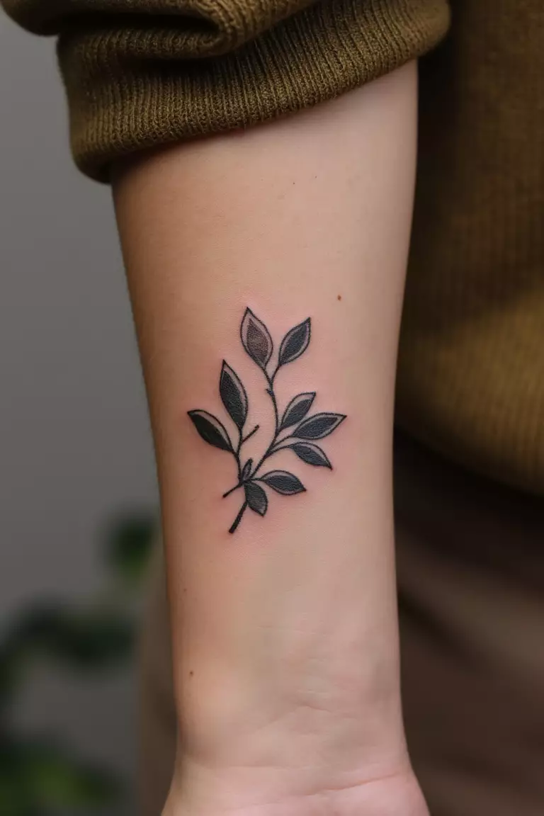 Olive Branch Wrapped Around A Wrist A close up shot of woman's arm with a black ink olive branch wrapped around a wrist tattoo