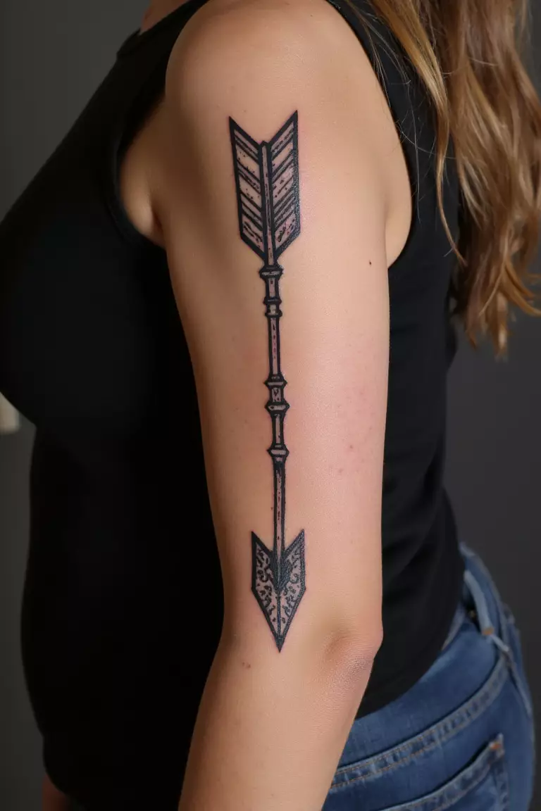 Tribal Arrow Tattoo A close up shot of woman's arm with a black ink tribal arrow tattoo, incorporating traditional tribal patterns and bold design