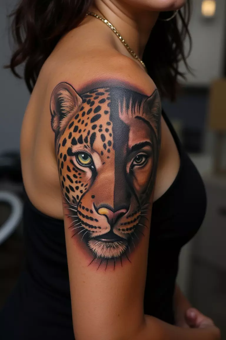 Half-Leopard, Half-Human Face Fusion A photo of a woman showing her half-leopard, half-human face fusion tattoo blending seamlessly on her bicep