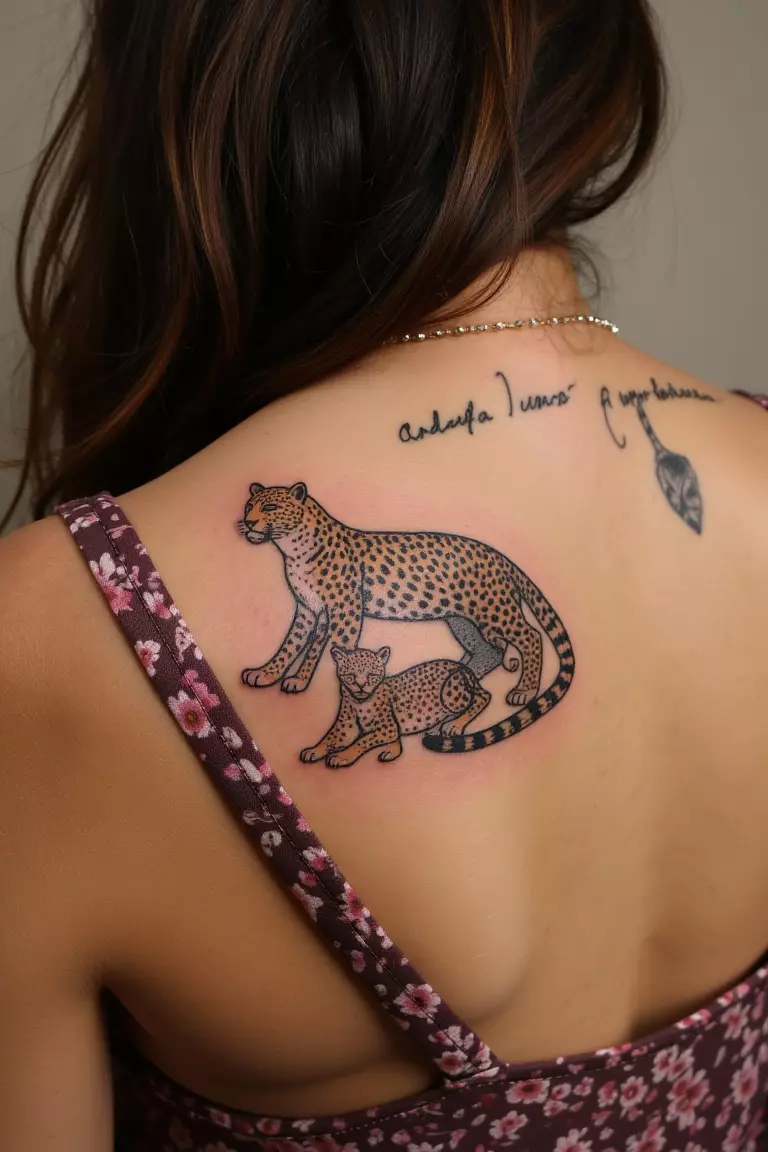 Leopard and Cubs in a Nurturing Pose A photo of a woman showing her sentimental leopard tattoo depicting a mother leopard and cubs in a nurturing pose on her shoulder blade