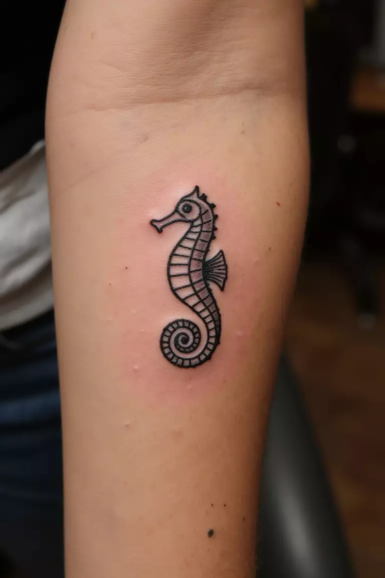 Poseidon's Seahorse A close up shot of woman's arm with a black ink tattoo of a small seahorse symbolizing Poseidon's domain over sea creatures.