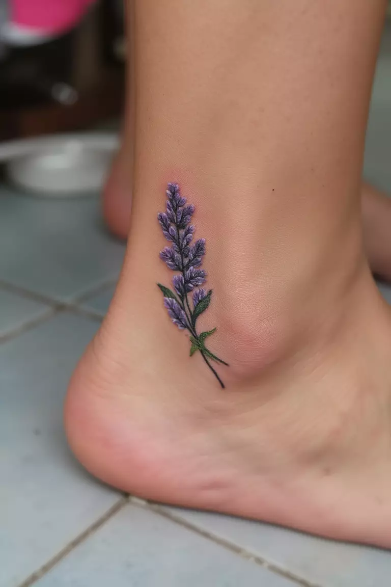 Lavender on Ankle A close up shot of woman's ankle with a lavender tattoo