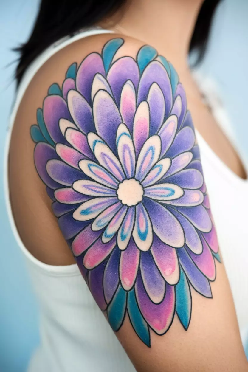 Colorful Lavender Tattoo A close up shot of woman's arm with a colorful lavender tattoo