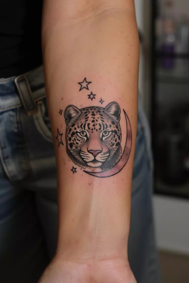 Leopard Framed by a Crescent Moon and Stars A photo of a woman showing her mystical leopard tattoo framed by a crescent moon and stars on her forearm