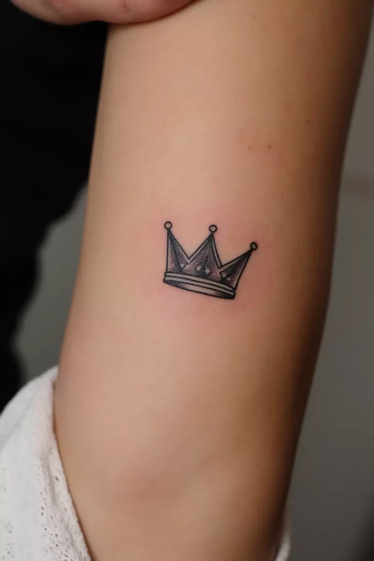 Hera's Crown A close up shot of woman's arm with a black ink tattoo featuring a simple crown representing Hera, the queen of the gods and divine royalty.