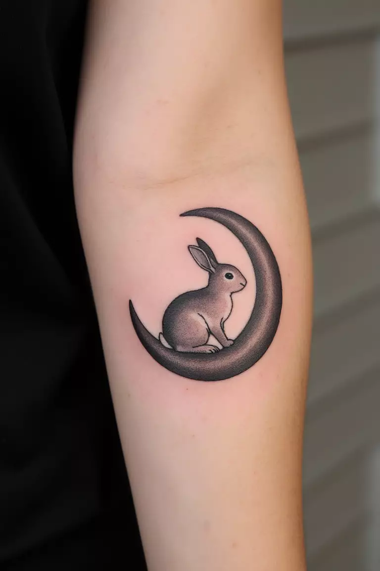 Bunny Sitting on a Moon A close up shot of woman's arm with a black ink bunny sitting on a moon tattoo