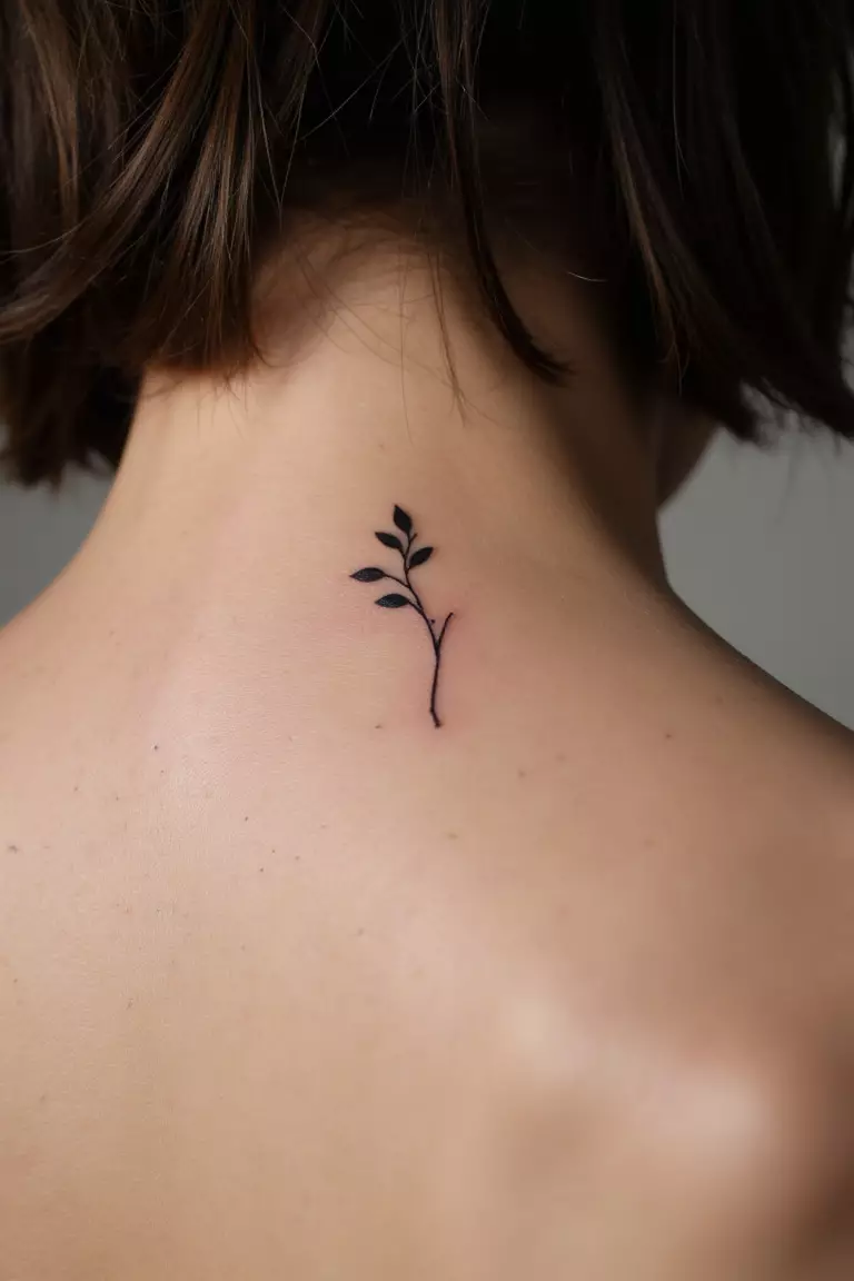 Tiny Small Branch with Leaves Tattoo A close up shot of woman's neck from the back with a black ink tiny small branch with leaves tattoo