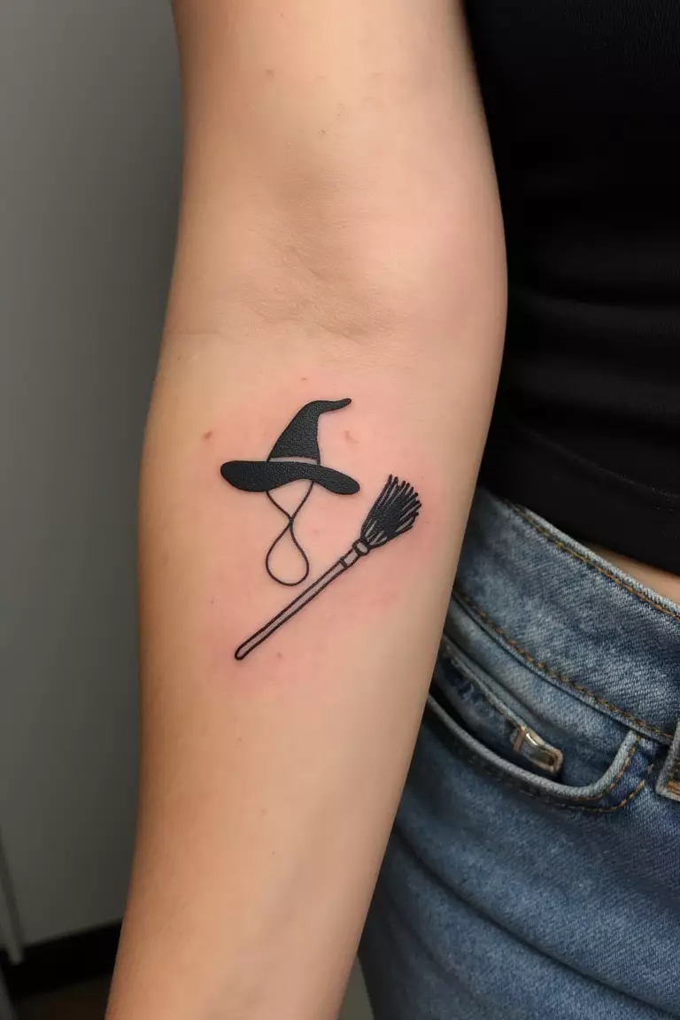 Classic Witch Hat and Broomstick A close up shot of woman's arm with a black ink tattoo of a minimalist witch hat and broomstick.