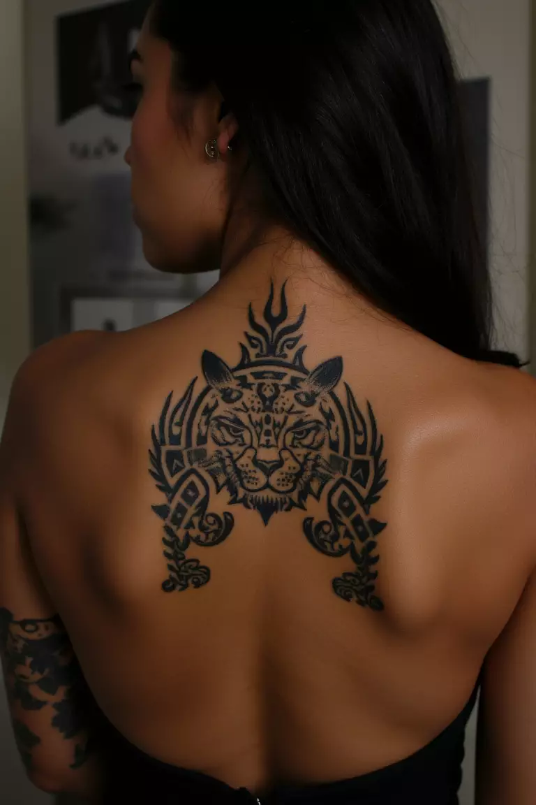 Tribal-Style Leopard Design with Sharp Edges A photo of a woman showing her tribal-style leopard tattoo with sharp edges and traditional patterns on her back