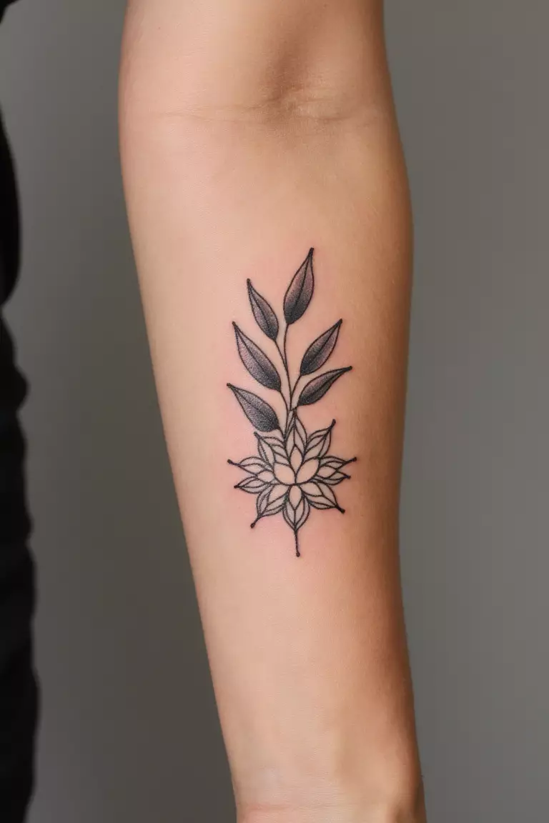 Olive Branch With A Minimalist Mandala Design A close up shot of woman's arm with a black ink olive branch with a minimalist mandala design tattoo