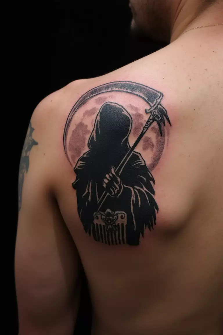 Grim Reaper Silhouette with a Full Moon in the Background A close up shot of man's shoulder with a black ink grim reaper silhouette with a full moon in the background tattoo