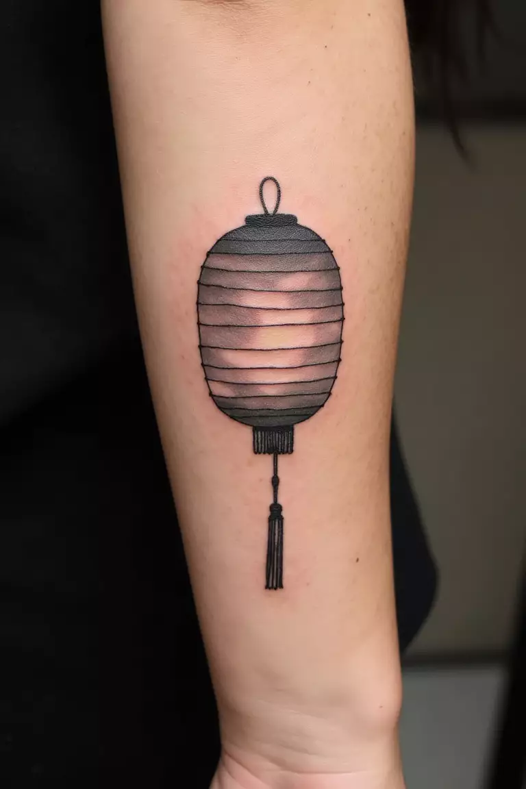 Simple Japanese Lantern Design A close up shot of woman's arm with a black ink simple Japanese lantern design tattoo